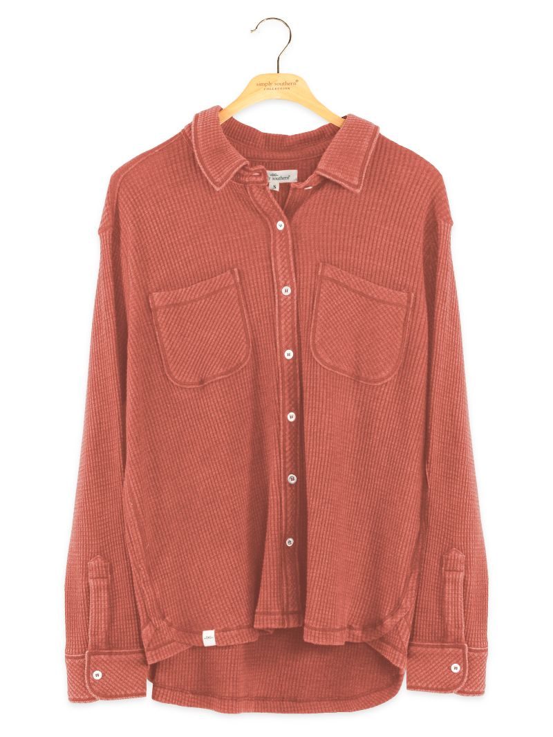 Simply Southern Adult Long Sleeve Button Waffle Shirt in Rust