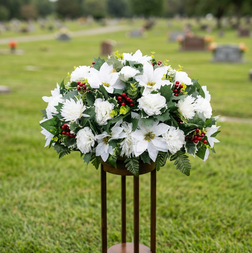 Artificial Christmas headstone saddle arrangement featuring white poinsettias, white carnations, holly, and eucalyptus greenery in a classic winter-white design.