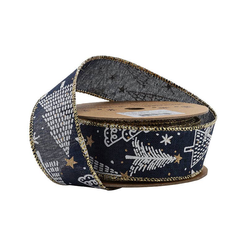 1 1/2" Printed Wired Ribbon | Abstract Trees Blue/White/Gold