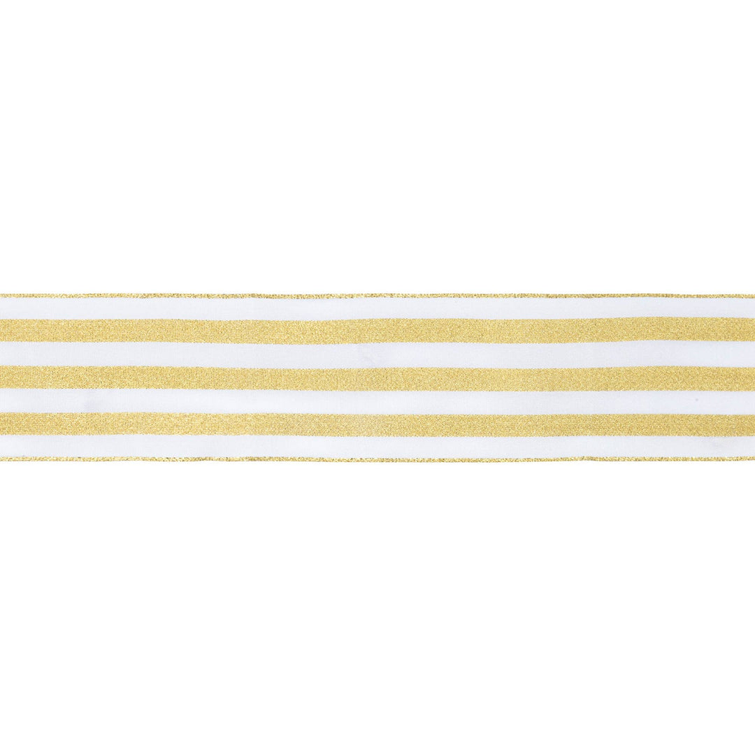 2 1/2" Wired Ribbon | White w Metallic Gold Stripe | 10 Yard Roll