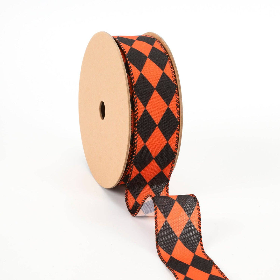 1 1/2" Faux Linen Wired Ribbon|Rhombus Orange/Black|10 Yards