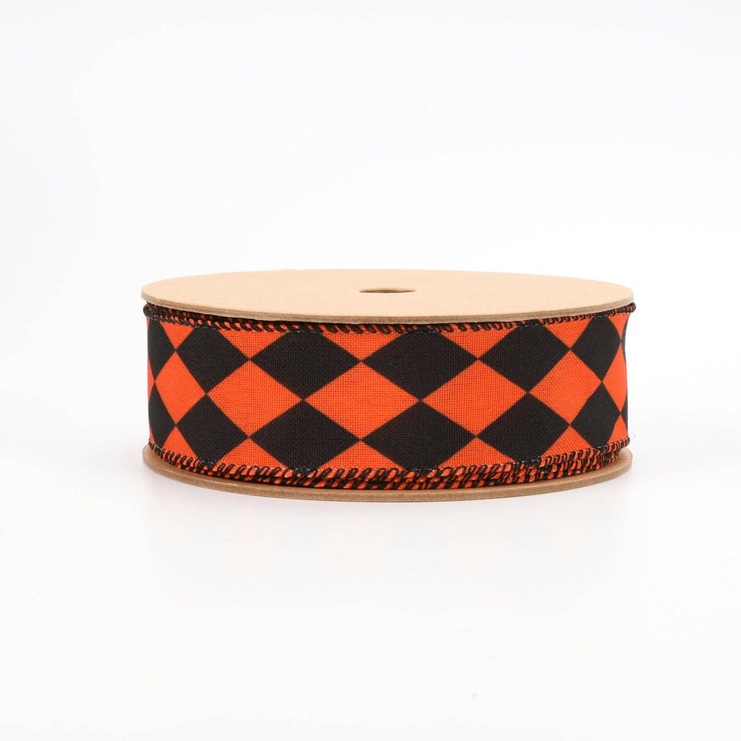 1 1/2" Faux Linen Wired Ribbon|Rhombus Orange/Black|10 Yards