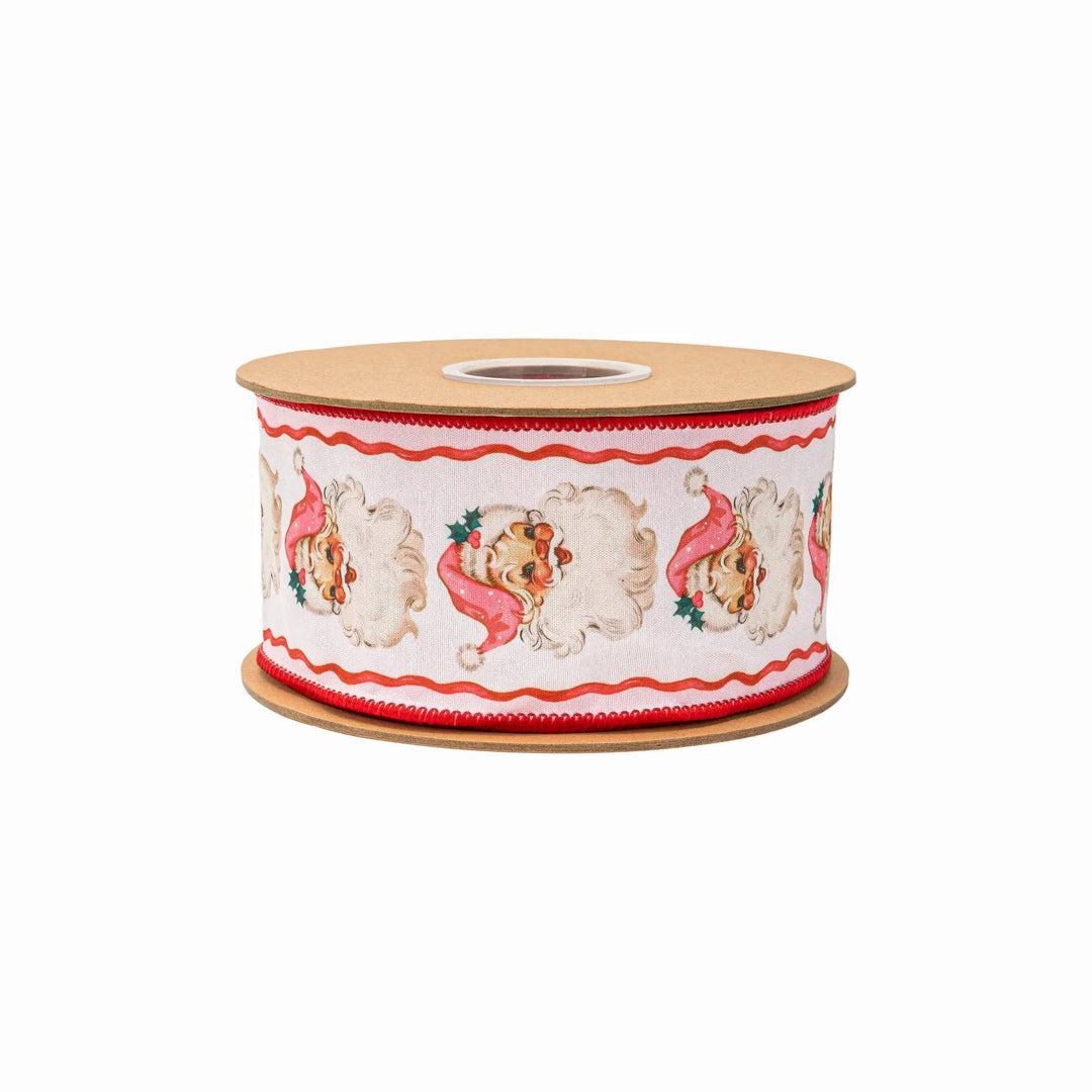 2 1/2" Wired Dupioni Ribbon | Retro Pink Santa and Ribbons w/ Pink Backing | 10 Yard Roll
