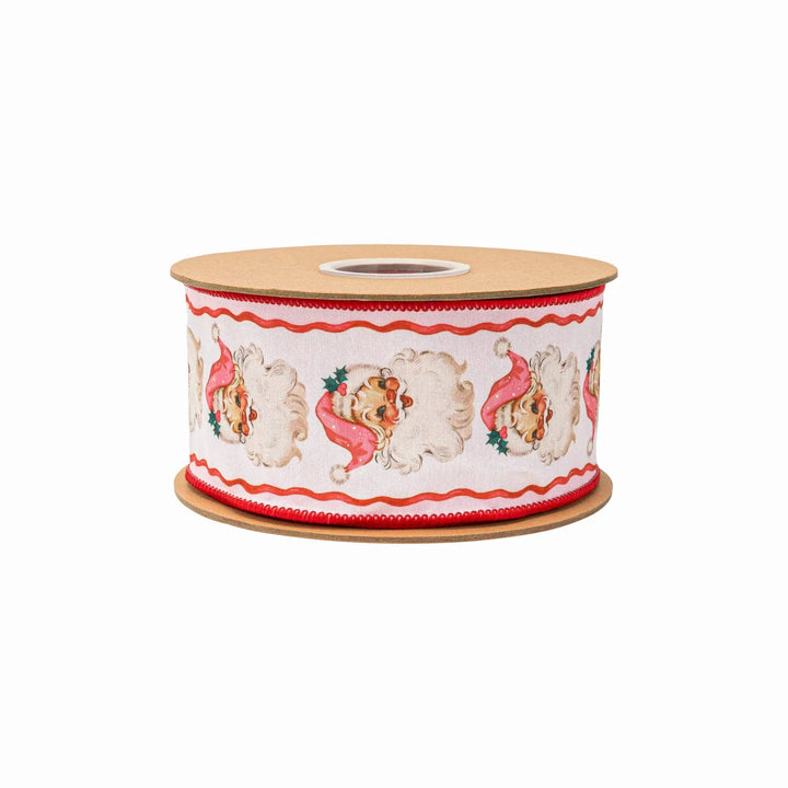 2 1/2" Wired Dupioni Ribbon | Retro Pink Santa and Ribbons w/ Pink Backing | 10 Yard Roll