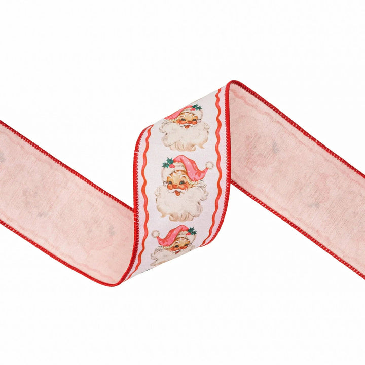 2 1/2" Wired Dupioni Ribbon | Retro Pink Santa and Ribbons w/ Pink Backing | 10 Yard Roll