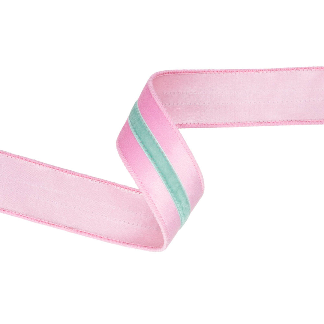 1 1/2" Wired Velvet Ribbon w/ Trim | Pink w/ Blue Trim | 10 Yard Roll