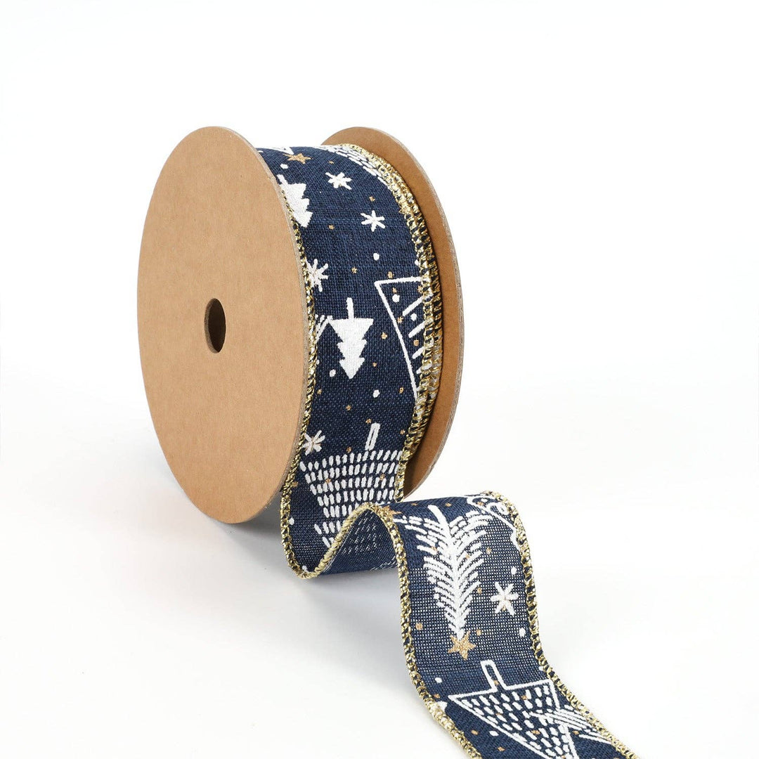 1 1/2" Printed Wired Ribbon | Abstract Trees Blue/White/Gold