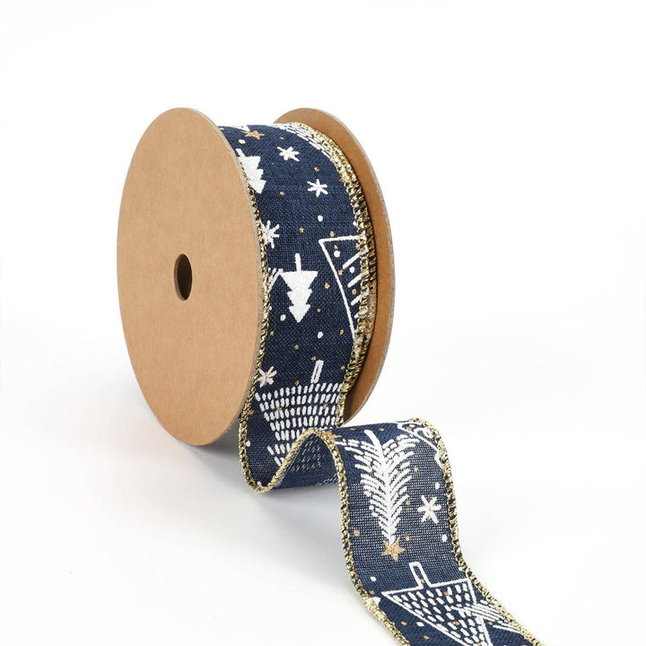 1 1/2" Printed Wired Ribbon | Abstract Trees Blue/White/Gold