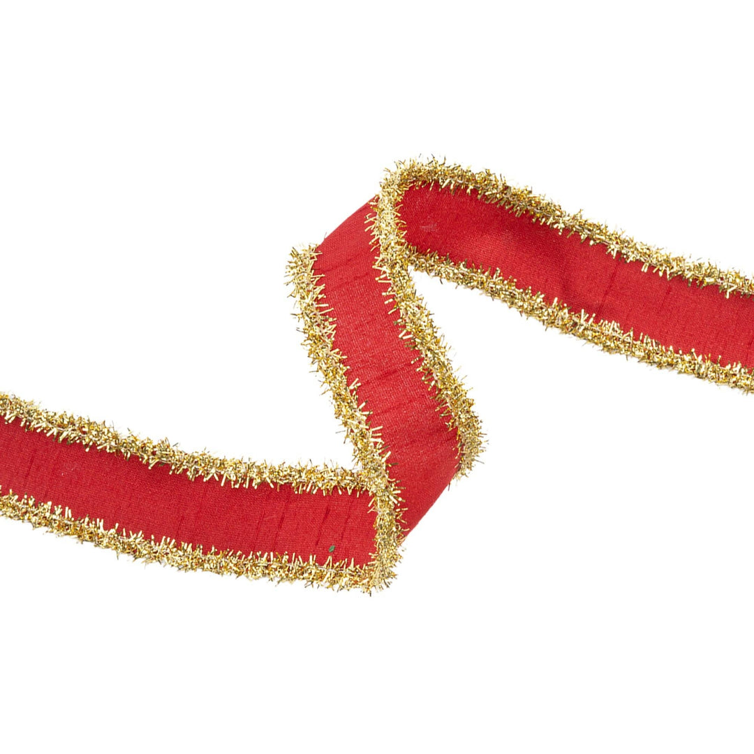 1" Wired Dupioni Ribbon | Red w/ Gold Tinsel Edging | 10 Yard Roll