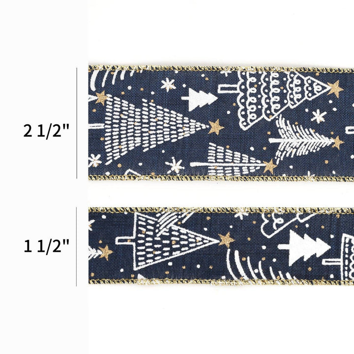 1 1/2" Printed Wired Ribbon | Abstract Trees Blue/White/Gold