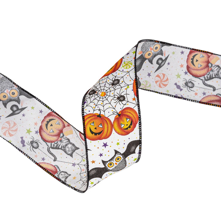 2 1/2" Wired Ribbon | Halloween Friends on White | 10 Yard Roll