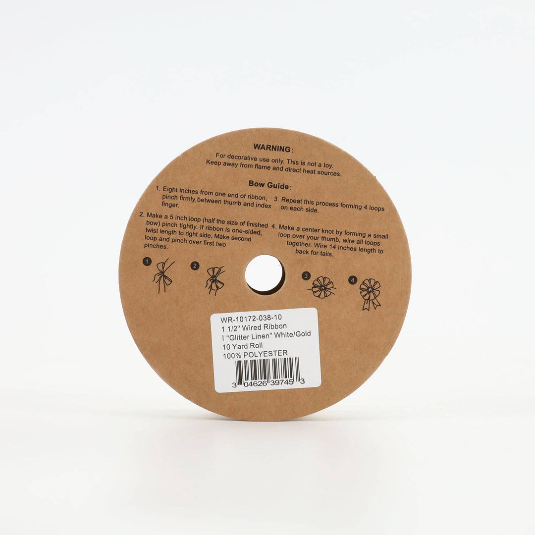 1 1/2" Wired Ribbon | "Glitter Linen" White/Gold | 10 Yard Roll