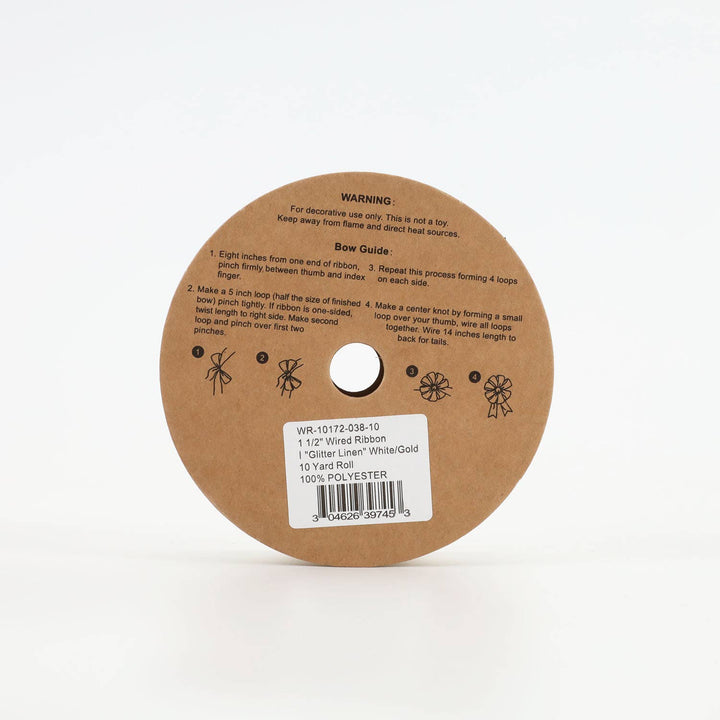 1 1/2" Wired Ribbon | "Glitter Linen" White/Gold | 10 Yard Roll