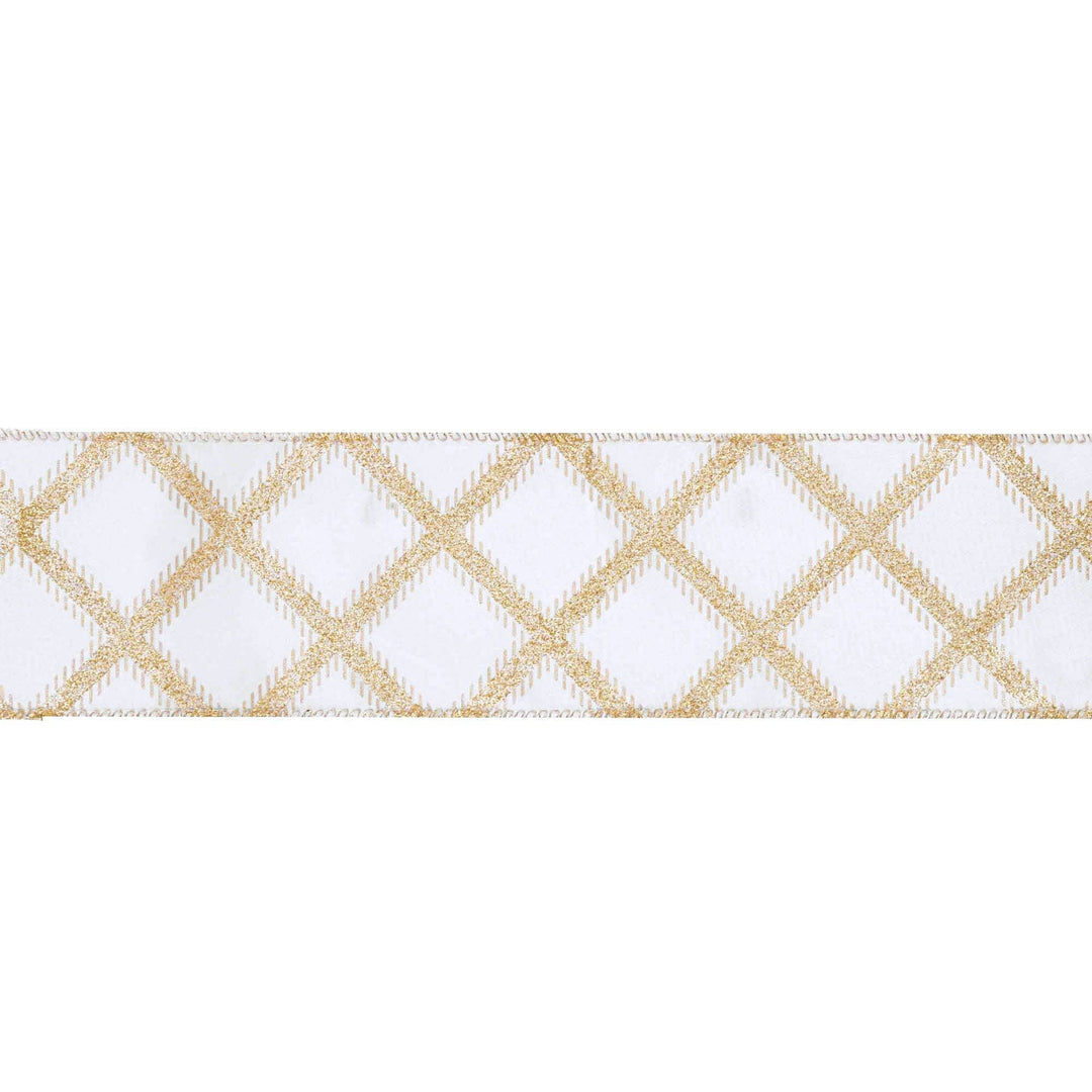 2 1/2" Wired Ribbon | Gold Glitter Diamonds on Ivory | 10 Yard Roll