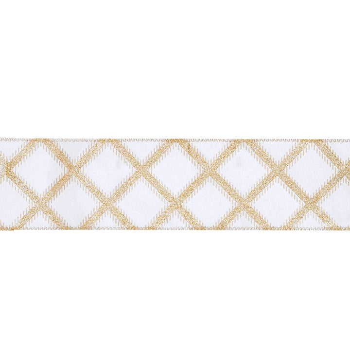 2 1/2" Wired Ribbon | Gold Glitter Diamonds on Ivory | 10 Yard Roll