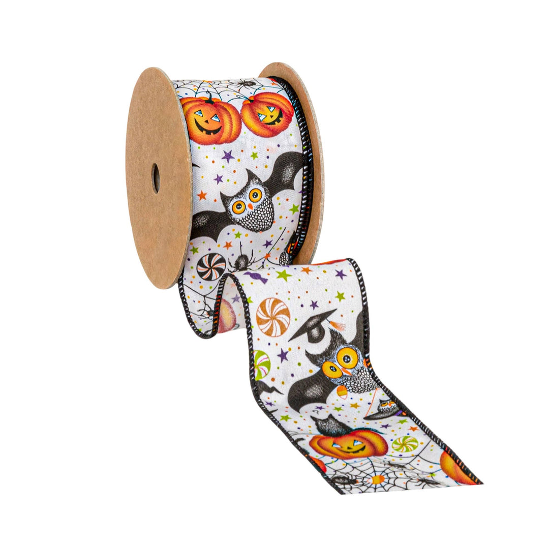 2 1/2" Wired Ribbon | Halloween Friends on White | 10 Yard Roll