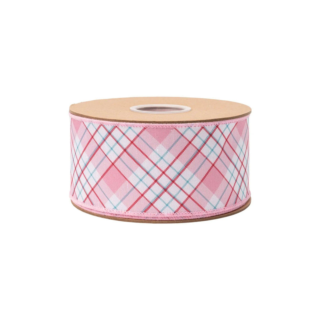2 1/2" Wired Dupioni Ribbon | Pink/Red/White Bias Plaid w/ Pink Backing | 10 Yard Roll