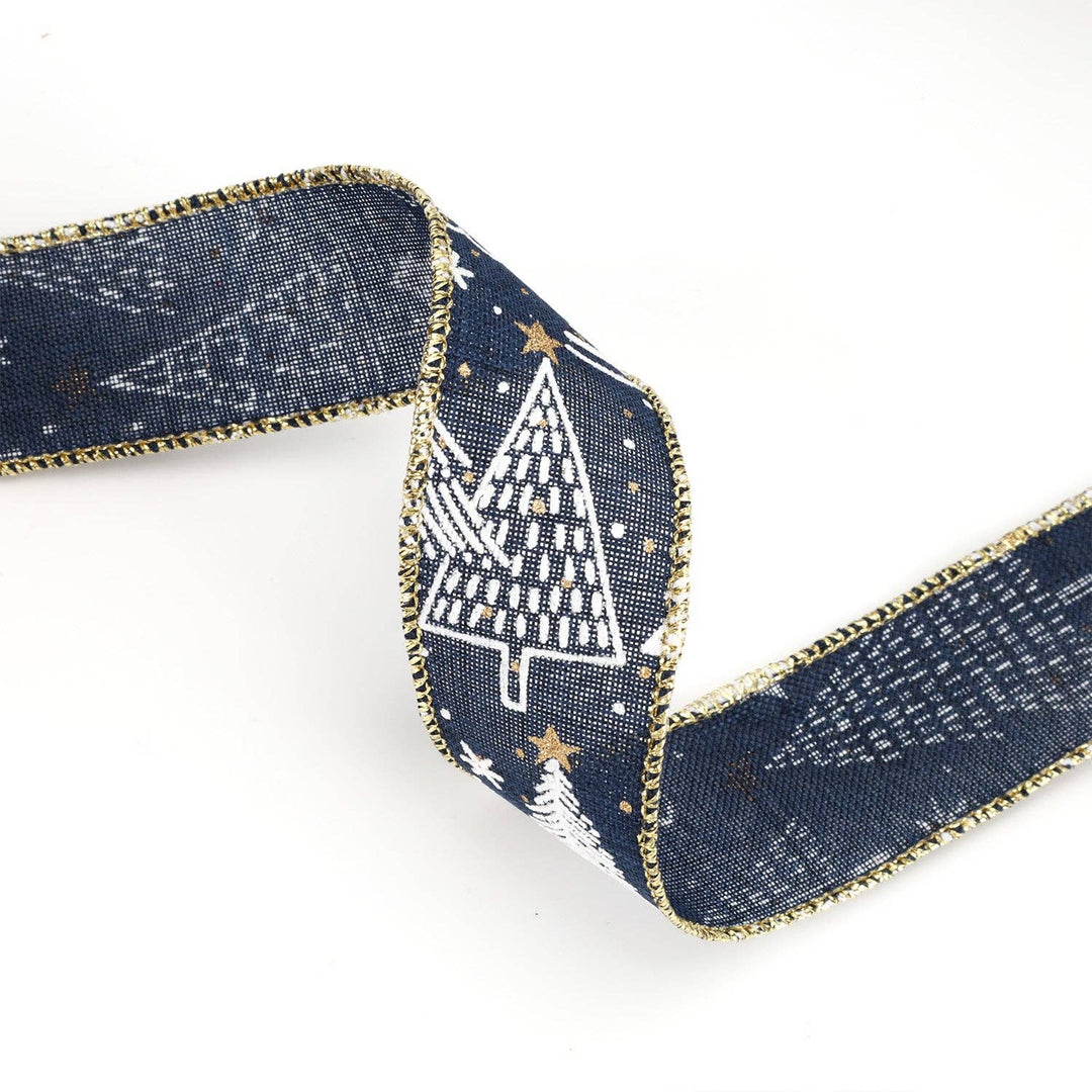 1 1/2" Printed Wired Ribbon | Abstract Trees Blue/White/Gold
