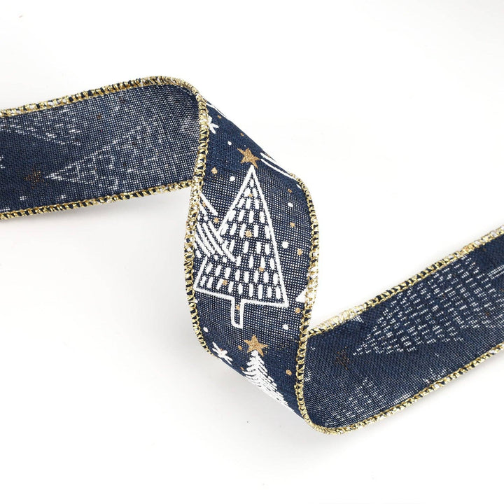 1 1/2" Printed Wired Ribbon | Abstract Trees Blue/White/Gold
