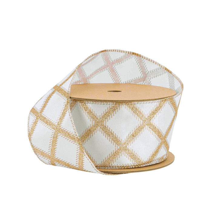 2 1/2" Wired Ribbon | Gold Glitter Diamonds on Ivory | 10 Yard Roll