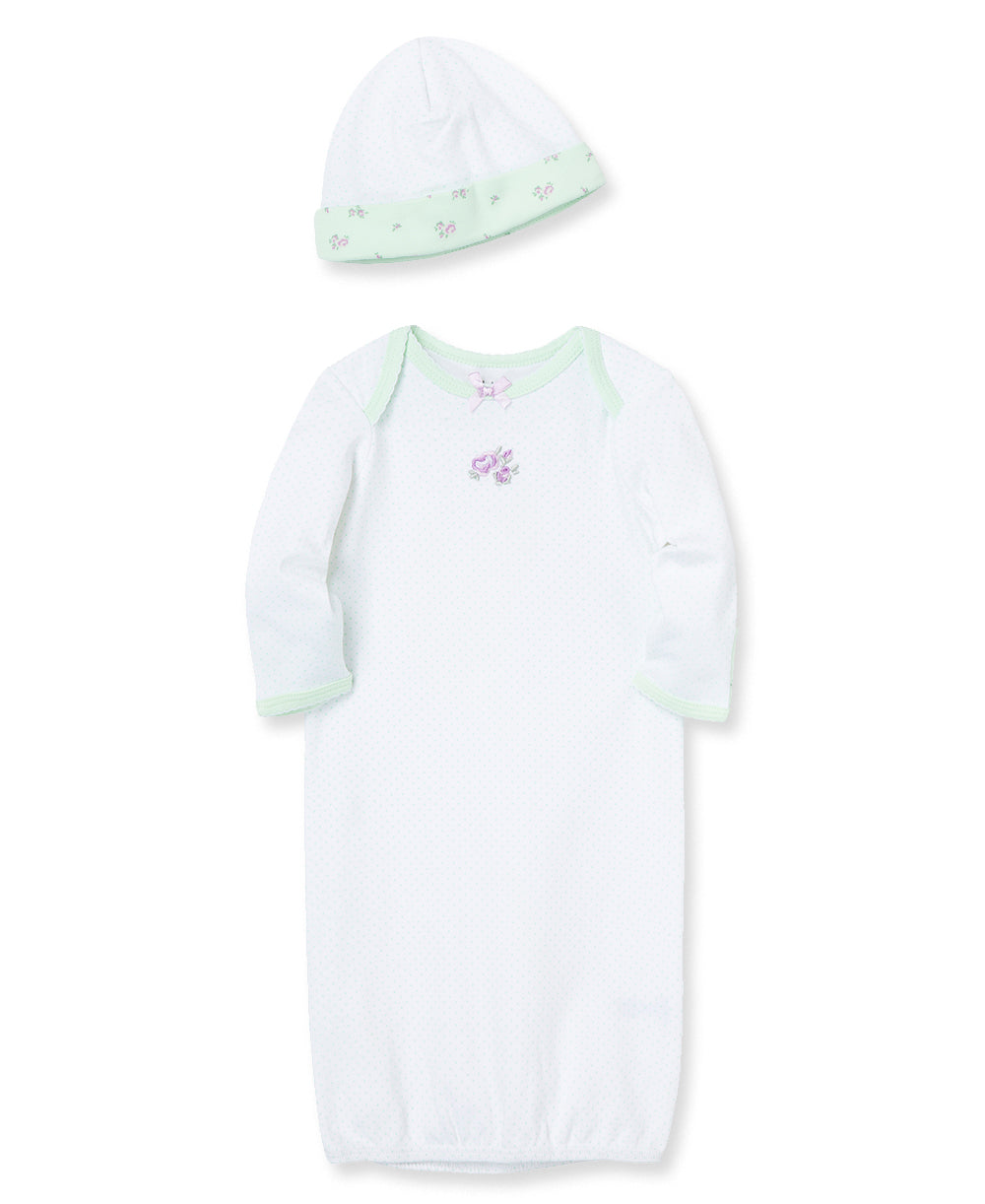 Gown & Hat "Petite Roses"  White with Light Green Dots & Purple Roses by Little Me