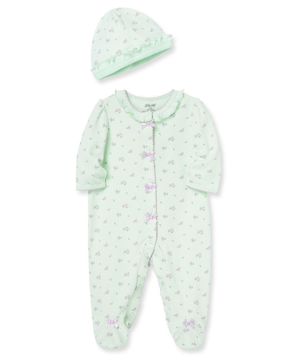 Footie & Hat "Petite Roses" Sleeper Light Green with Purple Roses by Little Me