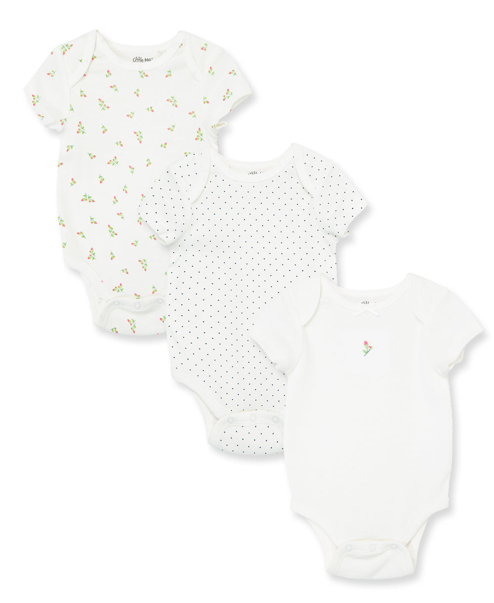 3 Pack Cuddly "Rosebud" Bodysuits White with Pink Rose by Little Me